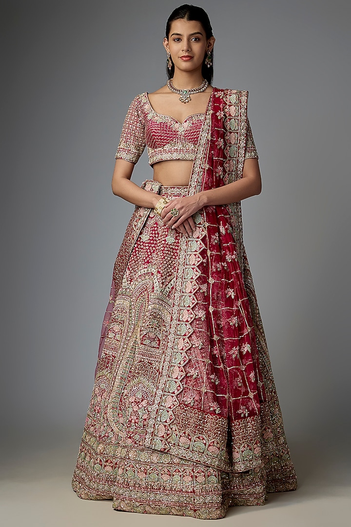 Maroon Raw Silk Embroidered Bridal Lehenga Set by Kalighata at Pernia's Pop Up Shop