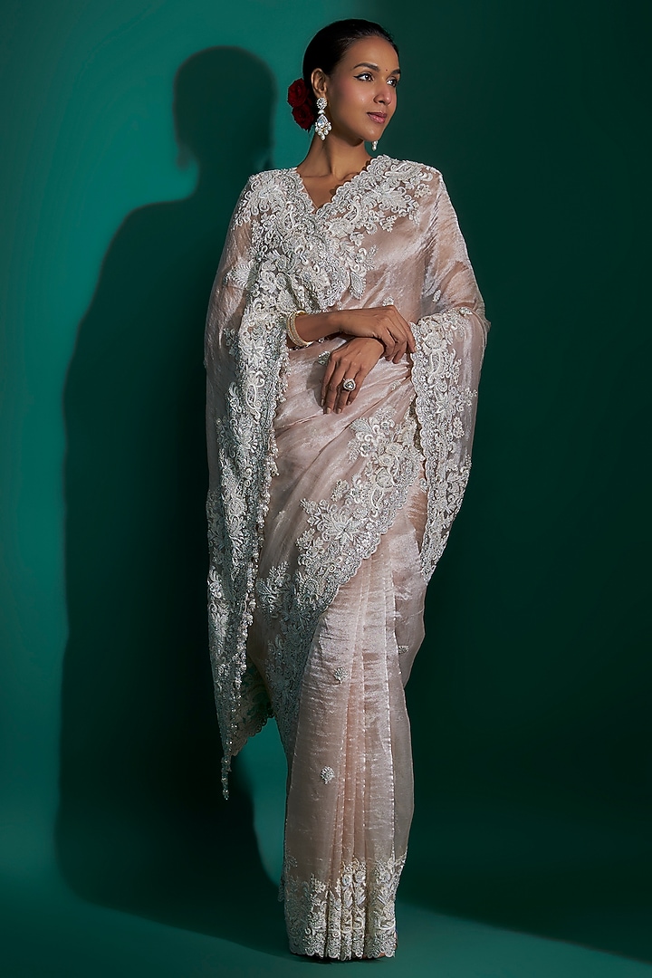 Pink Tissue Sequins Hand Embroidered Bridal Saree Set by Kalighata at Pernia's Pop Up Shop