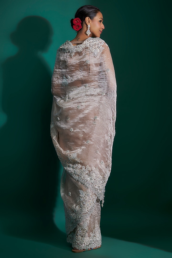 Pink Tissue Sequins Hand Embroidered Bridal Saree Set by Kalighata at Pernia's Pop Up Shop
