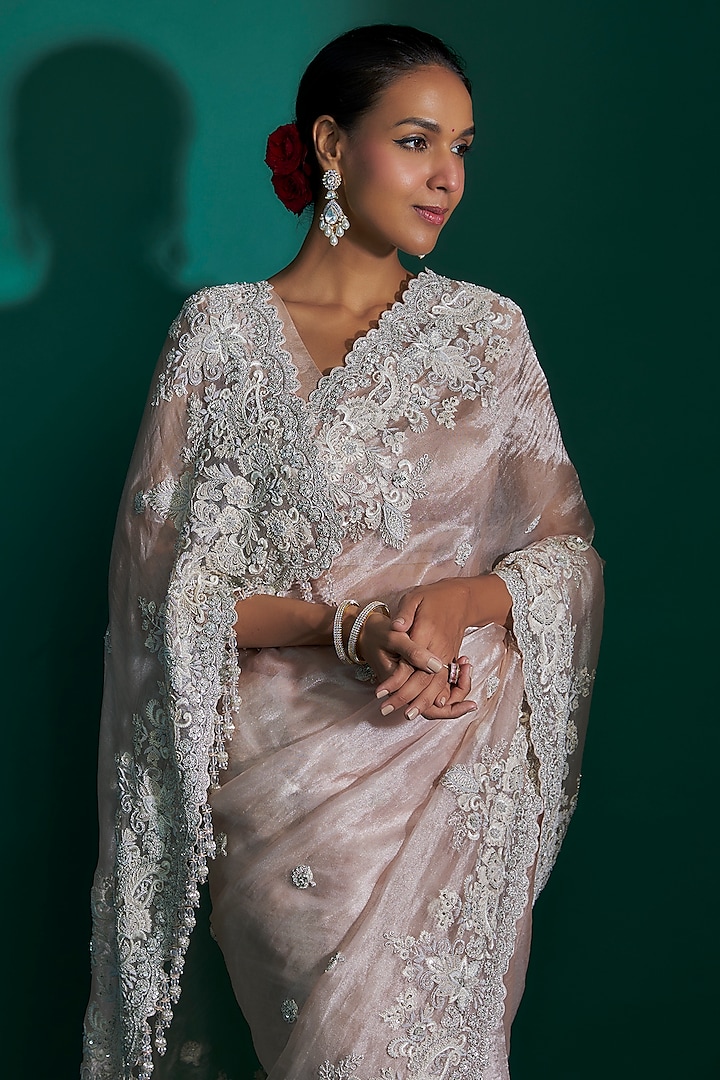 Pink Tissue Sequins Hand Embroidered Bridal Saree Set by Kalighata at Pernia's Pop Up Shop