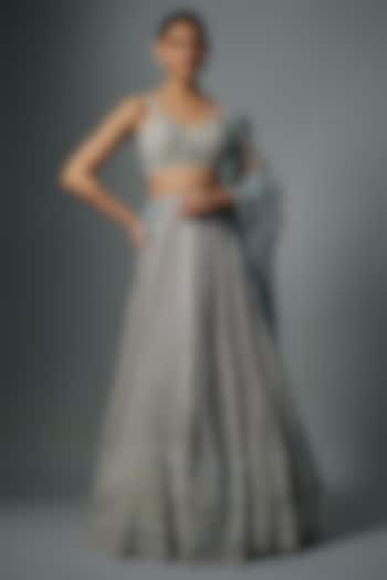 Grey Raw Silk Zardosi & Sequins Hand Embroidered Bridal Lehenga Set by Kalighata at Pernia's Pop Up Shop