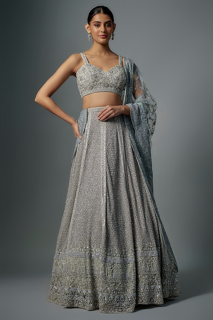 Grey Raw Silk Zardosi & Sequins Hand Embroidered Bridal Lehenga Set by Kalighata at Pernia's Pop Up Shop