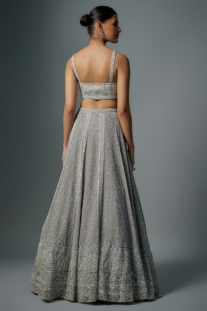 Grey Raw Silk Zardosi & Sequins Hand Embroidered Bridal Lehenga Set by Kalighata at Pernia's Pop Up Shop