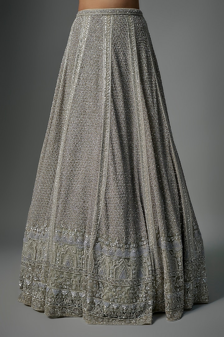 Grey Raw Silk Zardosi & Sequins Hand Embroidered Bridal Lehenga Set by Kalighata at Pernia's Pop Up Shop