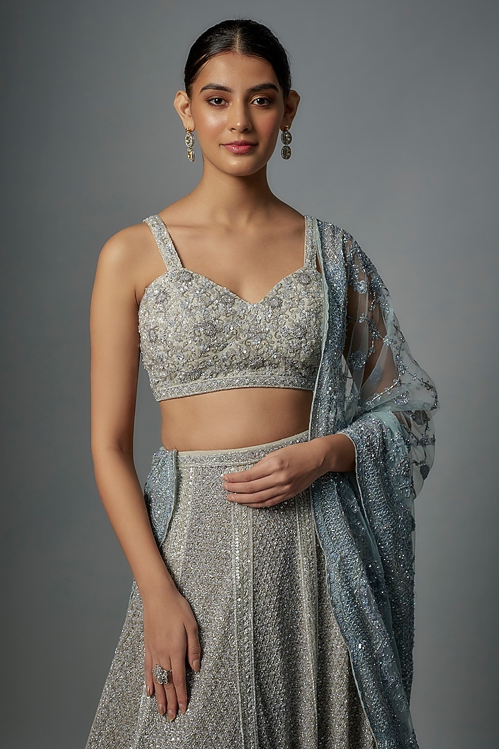 Grey Raw Silk Zardosi & Sequins Hand Embroidered Bridal Lehenga Set by Kalighata at Pernia's Pop Up Shop