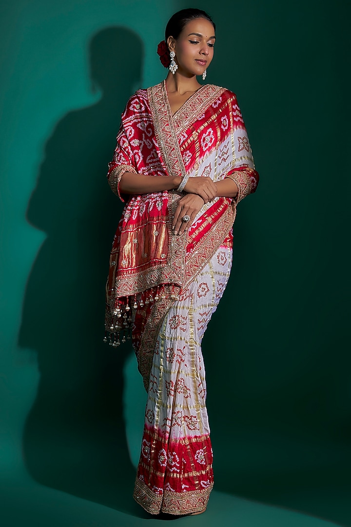 Red & Ivory Bandhej Handloom Sequins Hand Embroidered Saree Set by Kalighata