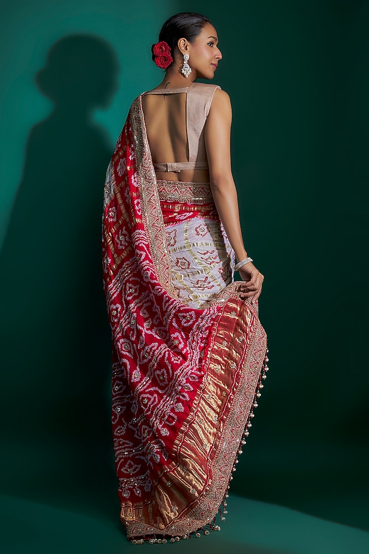 Red & Ivory Bandhej Handloom Sequins Hand Embroidered Reception Saree Set by Kalighata at Pernia's Pop Up Shop