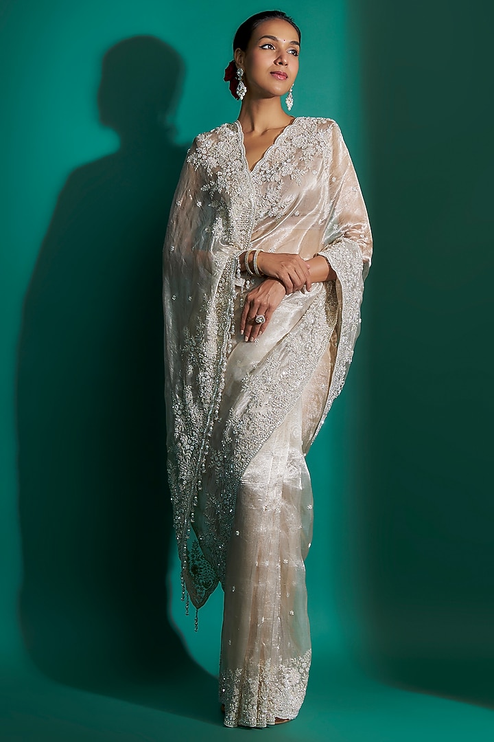 Pink Tissue Sequins Hand Embroidered Reception Saree Set by Kalighata at Pernia's Pop Up Shop