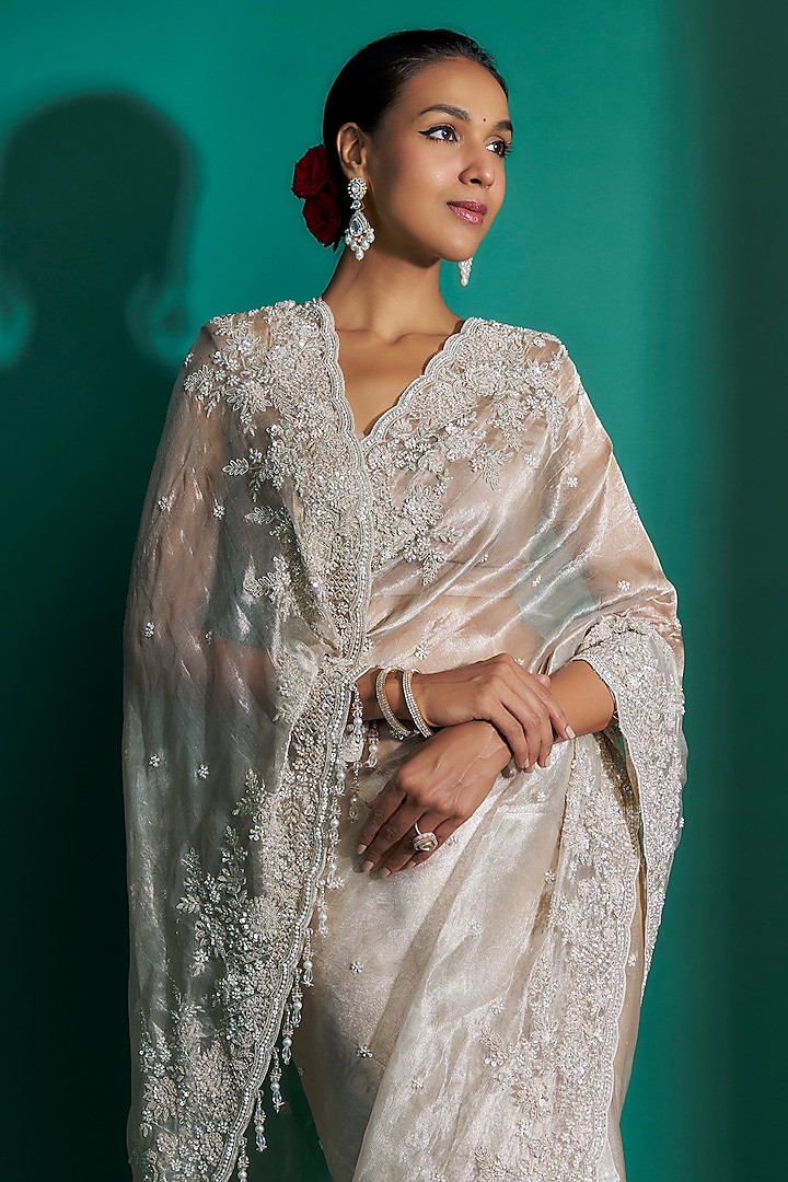 Pink Tissue Sequins Hand Embroidered Reception Saree Set by Kalighata at Pernia's Pop Up Shop