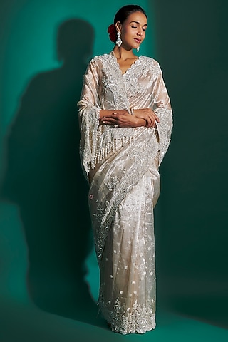 Pink Tissue Sequins Hand Embroidered Saree Set by Kalighata
