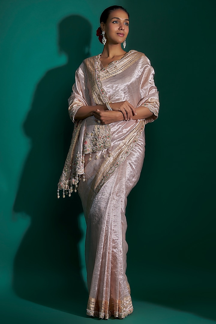 Pink Tissue Sequins Hand Embroidered Saree Set by Kalighata