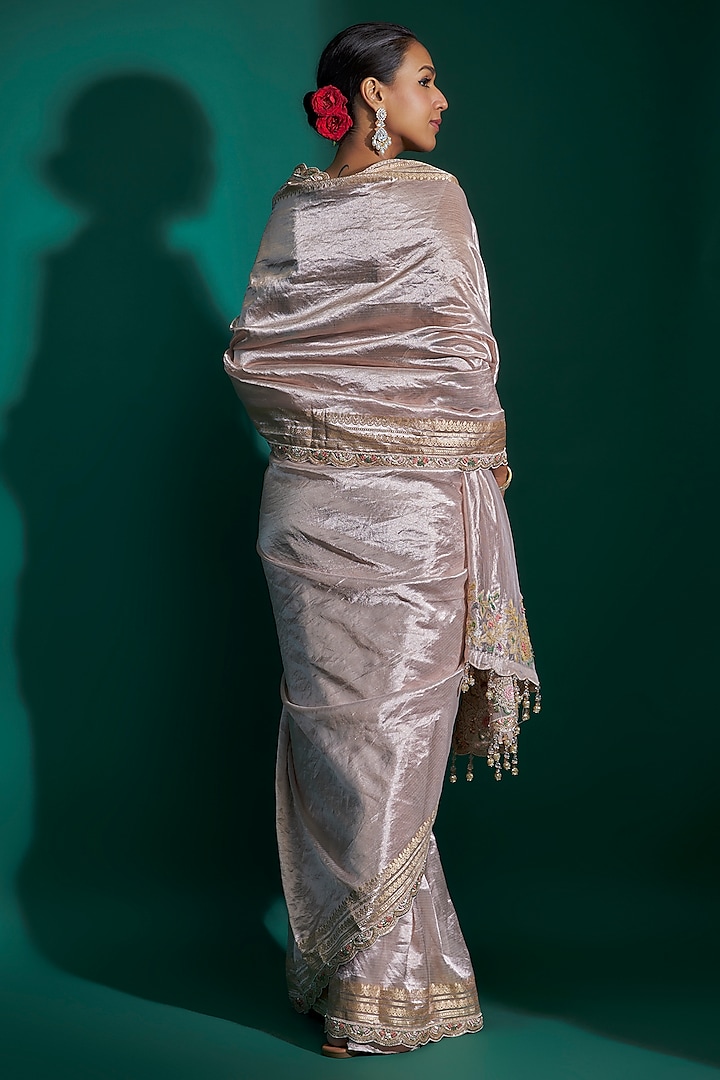 Pink Poth Hand & Machine Embroidered Reception Saree Set by Kalighata at Pernia's Pop Up Shop