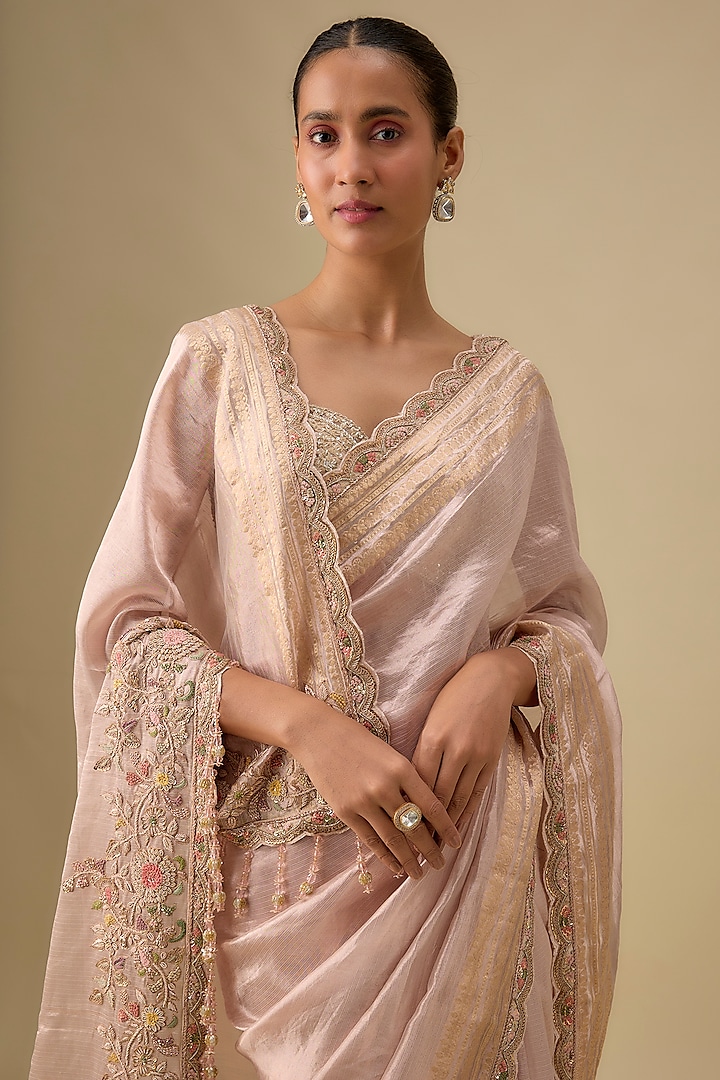 Pink Poth Hand & Machine Embroidered Reception Saree Set by Kalighata at Pernia's Pop Up Shop
