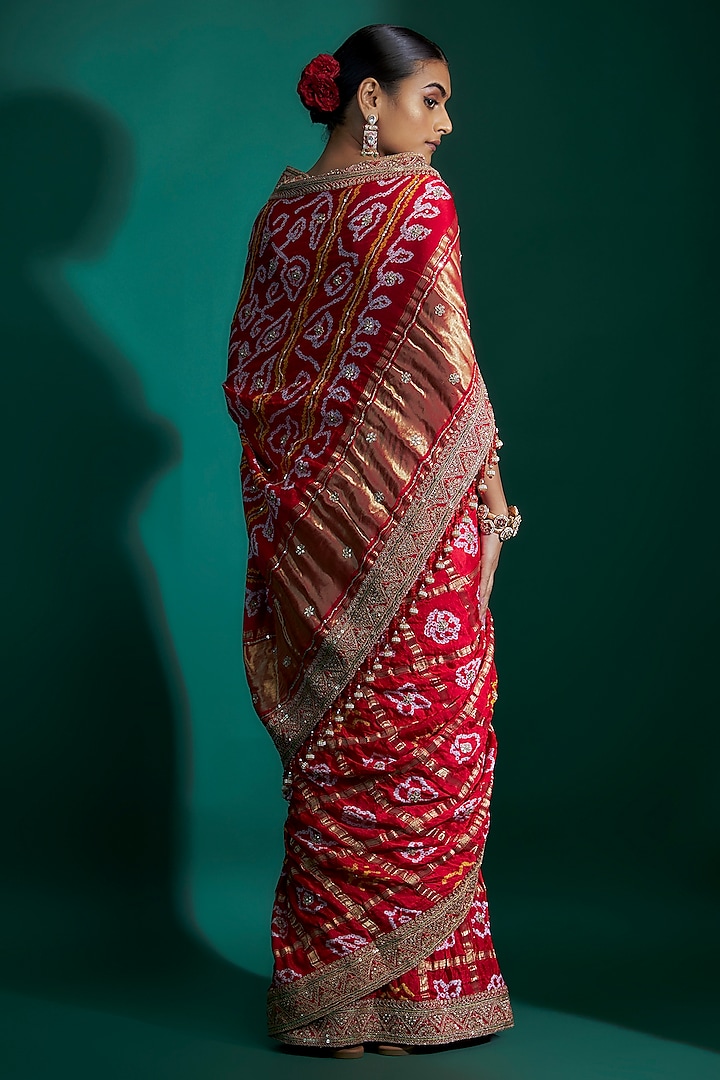 Red Bandhej Handloom Sequins Hand Embroidered Reception Saree Set by Kalighata at Pernia's Pop Up Shop