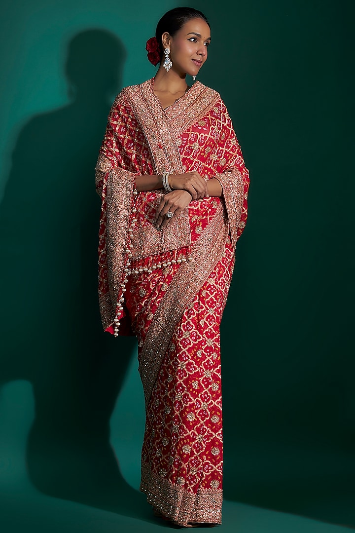 Red Bandhej Handloom Sequins Hand Embroidered Saree Set by Kalighata