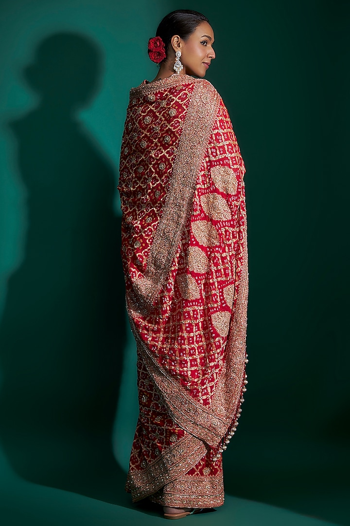 Red Bandhej Handloom Sequins Hand Embroidered Reception Saree Set by Kalighata at Pernia's Pop Up Shop
