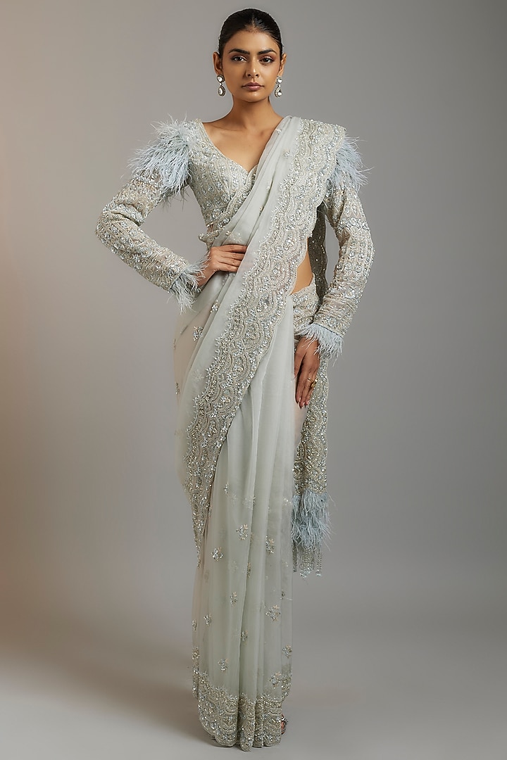 Ivory Tissue Organza Sequins Embellished Reception Saree Set by Kalighata at Pernia's Pop Up Shop