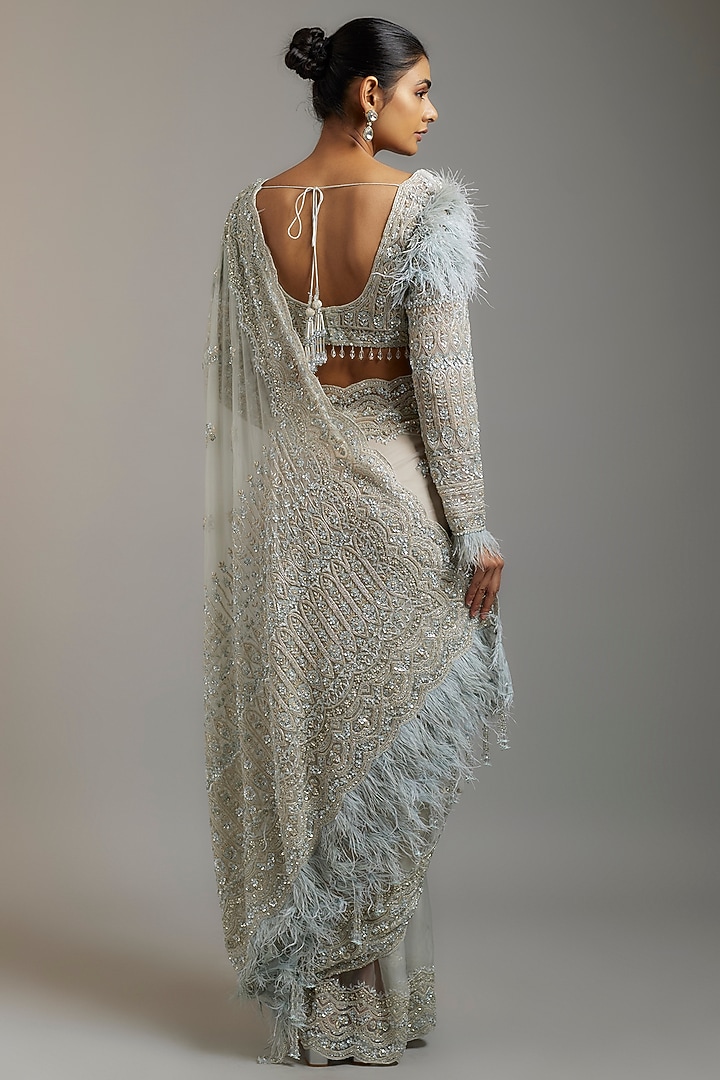 Ivory Tissue Organza Sequins Embellished Reception Saree Set by Kalighata at Pernia's Pop Up Shop