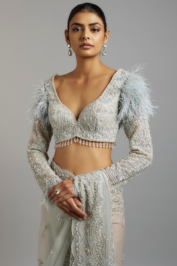 Ivory Tissue Organza Sequins Embellished Reception Saree Set by Kalighata at Pernia's Pop Up Shop