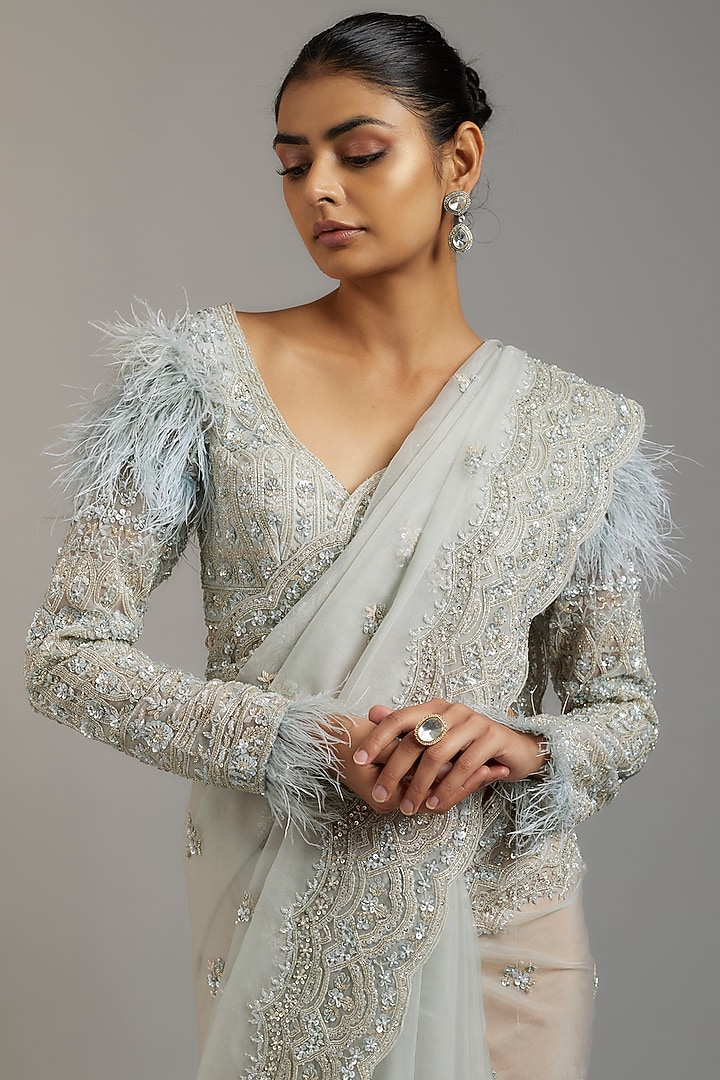 Ivory Tissue Organza Sequins Embellished Reception Saree Set by Kalighata at Pernia's Pop Up Shop