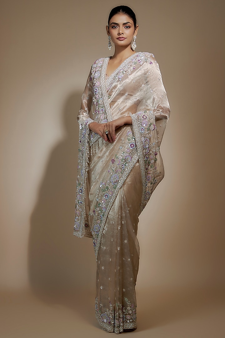 Gold Tissue Organza Sequin Embellished Reception Saree Set by Kalighata at Pernia's Pop Up Shop