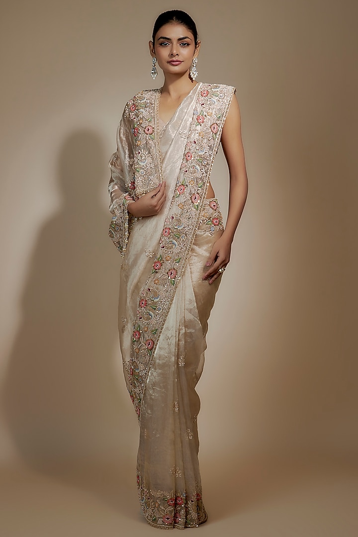 Gold Tissue Organza Sequin Embellished Bridal Saree Set by Kalighata at Pernia's Pop Up Shop