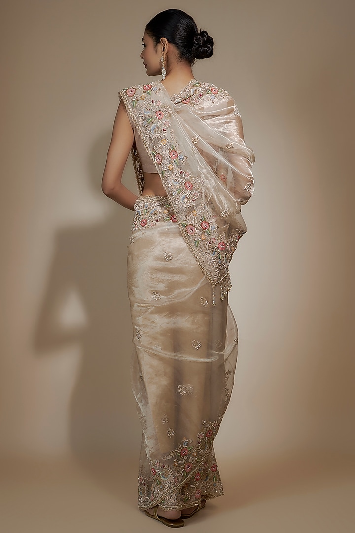 Gold Tissue Organza Sequin Embellished Bridal Saree Set by Kalighata at Pernia's Pop Up Shop