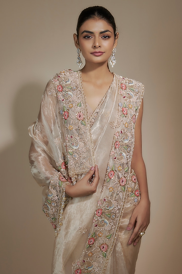 Gold Tissue Organza Sequin Embellished Bridal Saree Set by Kalighata at Pernia's Pop Up Shop