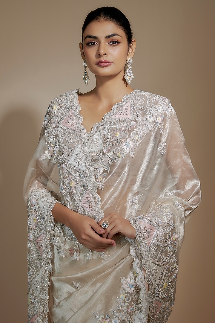 Gold Tissue Organza Sequin Embellished Bridal Saree Set by Kalighata at Pernia's Pop Up Shop
