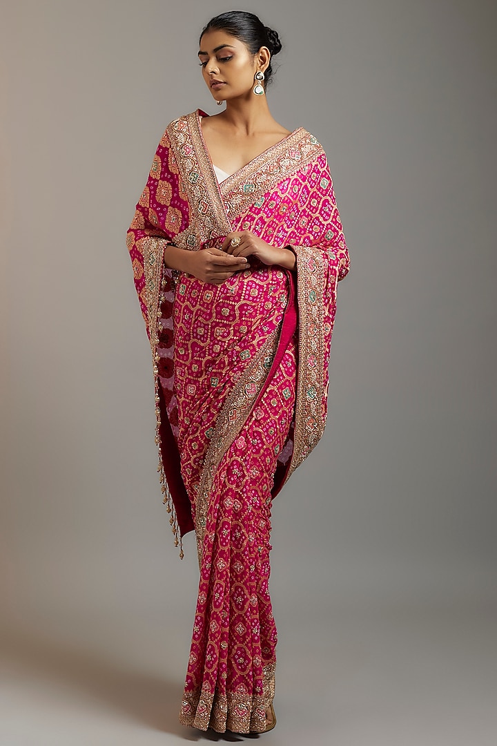 Rani Pink Silk Sequins Embellished Bandhej Patola Saree Set by Kalighata