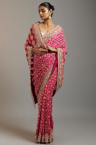 Rani Pink Silk Sequins Embellished Bandhej Patola Saree Set by Kalighata