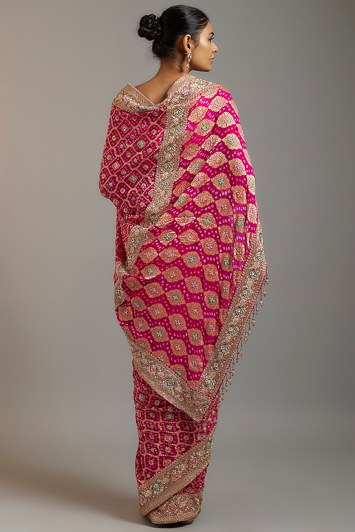 Rani Pink Silk Sequins Embellished Bandhej Patola Reception Saree Set by Kalighata at Pernia's Pop Up Shop