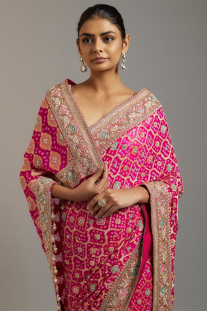 Rani Pink Silk Sequins Embellished Bandhej Patola Reception Saree Set by Kalighata at Pernia's Pop Up Shop