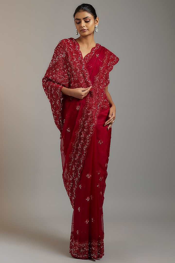 Maroon Tissue Organza Sequins Embellished Saree Set by Kalighata