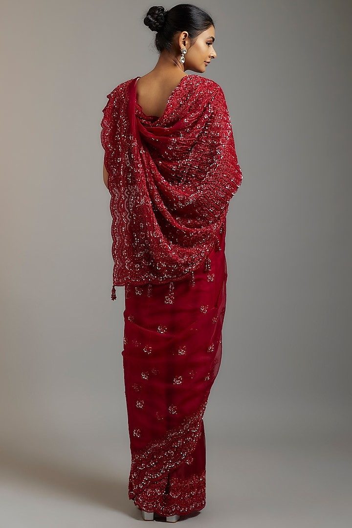 Maroon Tissue Organza Sequins Embellished Reception Saree Set by Kalighata at Pernia's Pop Up Shop