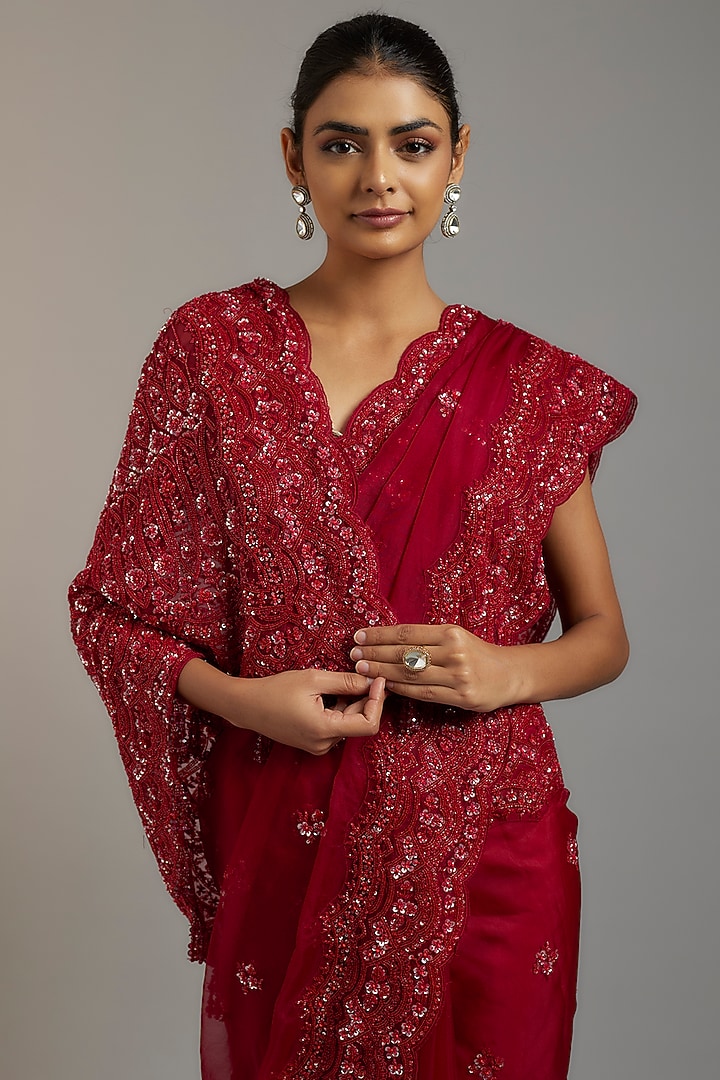 Maroon Tissue Organza Sequins Embellished Reception Saree Set by Kalighata at Pernia's Pop Up Shop
