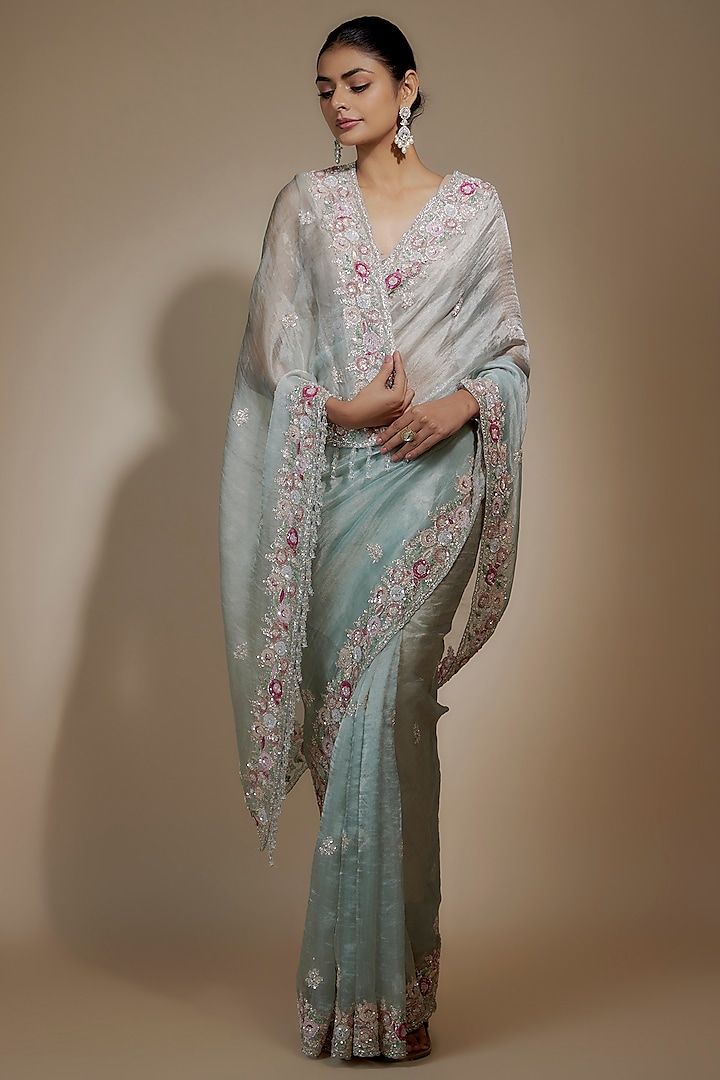 Ice Blue Tissue Organza Sequin Embellished Bridal Saree Set by Kalighata at Pernia's Pop Up Shop