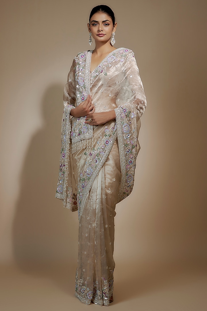 Pink Tissue Organza Sequin Embellished Reception Saree Set by Kalighata at Pernia's Pop Up Shop