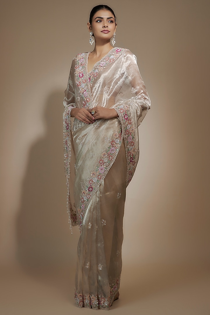 Pink Tissue Organza Sequin Embellished Wedding Saree Set by Kalighata at Pernia's Pop Up Shop