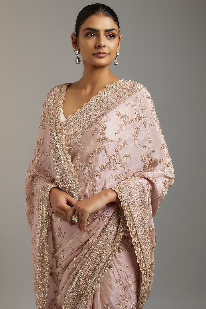 Pink Tissue Organza Sequins Embellished Reception Saree Set by Kalighata at Pernia's Pop Up Shop