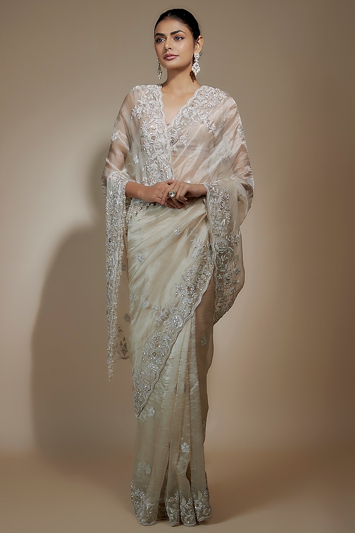 Silver Tissue Organza Sequin Embellished Saree Set by Kalighata at Pernia's Pop Up Shop