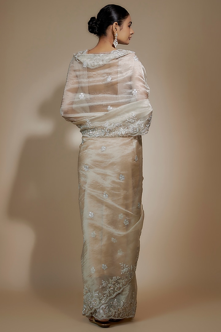 Silver Tissue Organza Sequin Embellished Bridal Saree Set by Kalighata at Pernia's Pop Up Shop