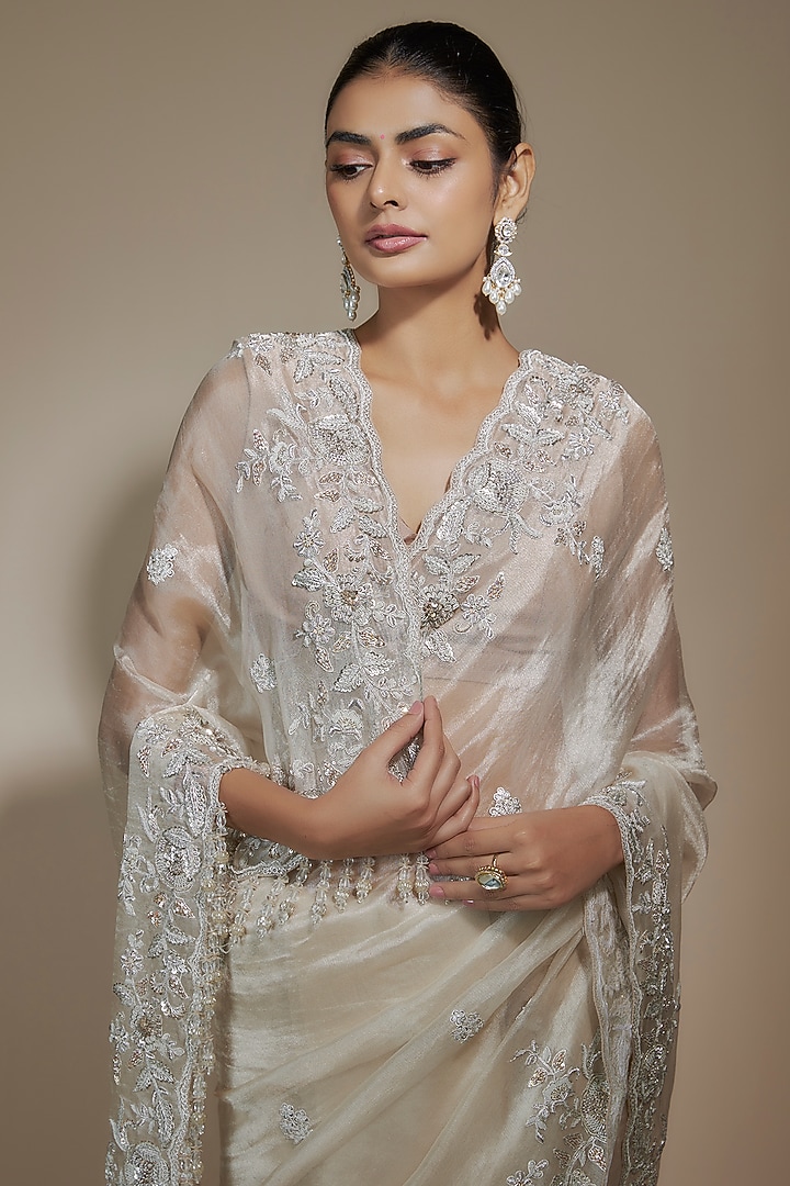 Silver Tissue Organza Sequin Embellished Bridal Saree Set by Kalighata at Pernia's Pop Up Shop