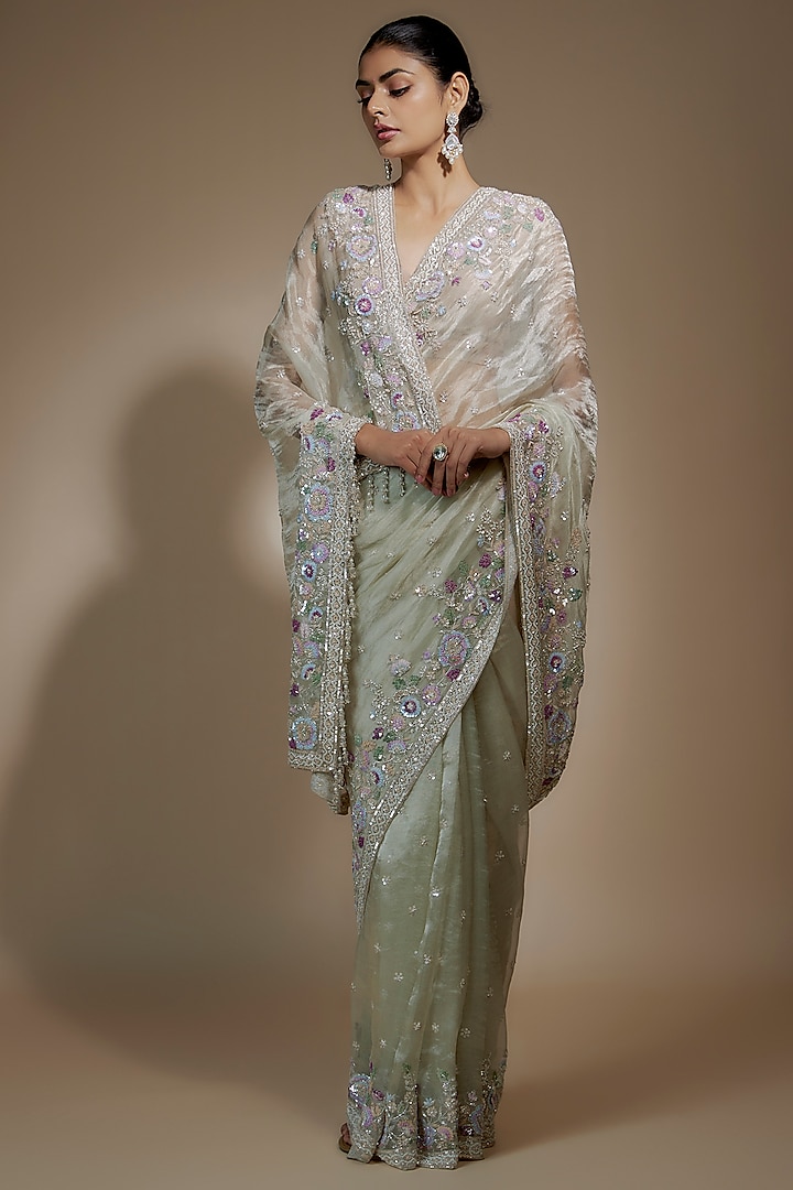 Mint Tissue Organza Sequin Embellished Saree Set by Kalighata