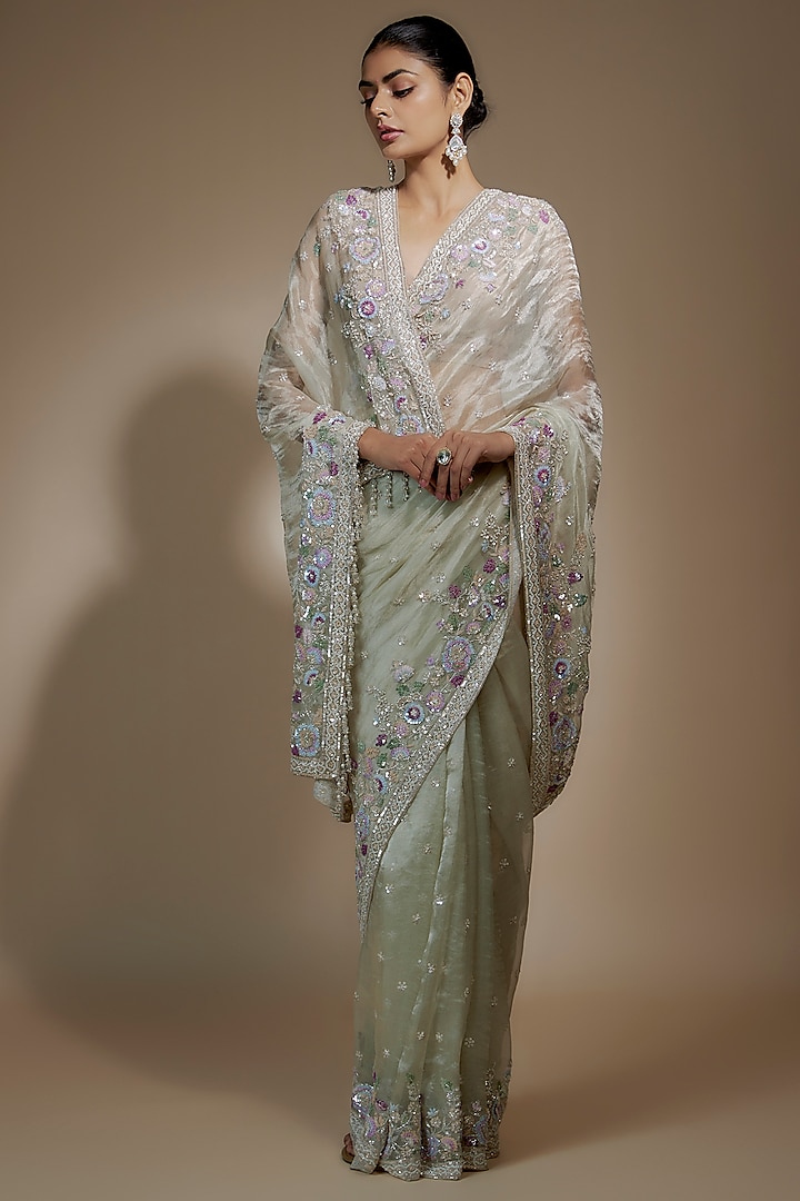 Mint Tissue Organza Sequin Embellished Reception Saree Set by Kalighata at Pernia's Pop Up Shop