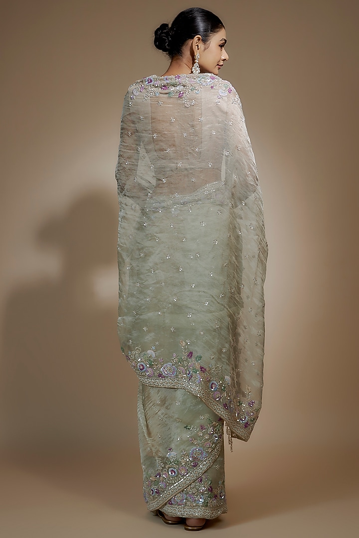 Mint Tissue Organza Sequin Embellished Reception Saree Set by Kalighata at Pernia's Pop Up Shop