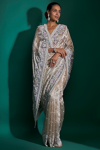 Pink Tissue Sequins Hand Embroidered Saree Set by Kalighata