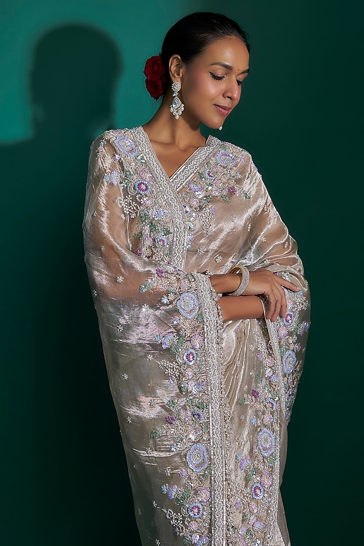 Pink Tissue Sequins Hand Embroidered Reception Saree Set by Kalighata at Pernia's Pop Up Shop