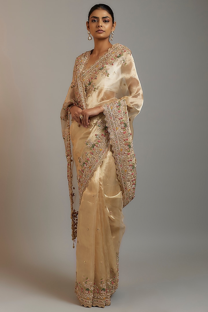 Gold Tissue Organza Sequins Embellished Bridal Saree Set by Kalighata at Pernia's Pop Up Shop