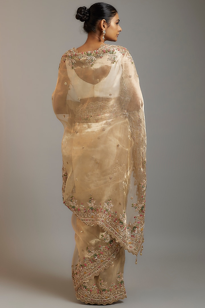 Gold Tissue Organza Sequins Embellished Bridal Saree Set by Kalighata at Pernia's Pop Up Shop